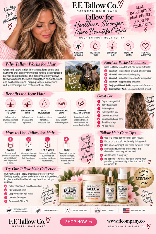 Tallow for healthier, stronger, more beautiful hair — F.F. Tallow Co. natural hair care infographic